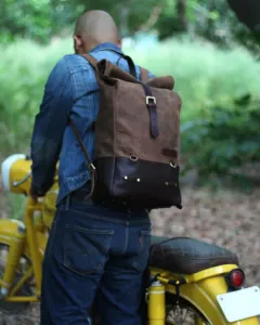 Leather Backpack Pannier Classic Roll Top Brown Trip Machine - 5
