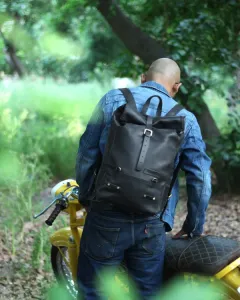 Leather Backpack Pannier Roll Top Black Trip Machine - 10