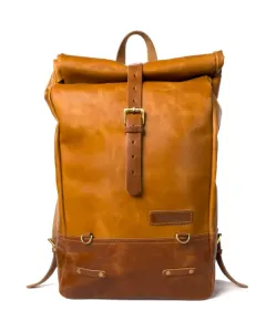 Leather Backpack Pannier Roll Top Vintage Tan Trip Machine