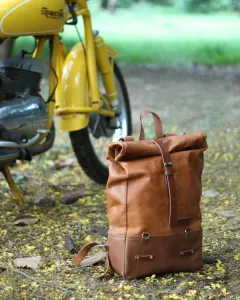 Leather Backpack Pannier Roll Top Vintage Tan Trip Machine - 9